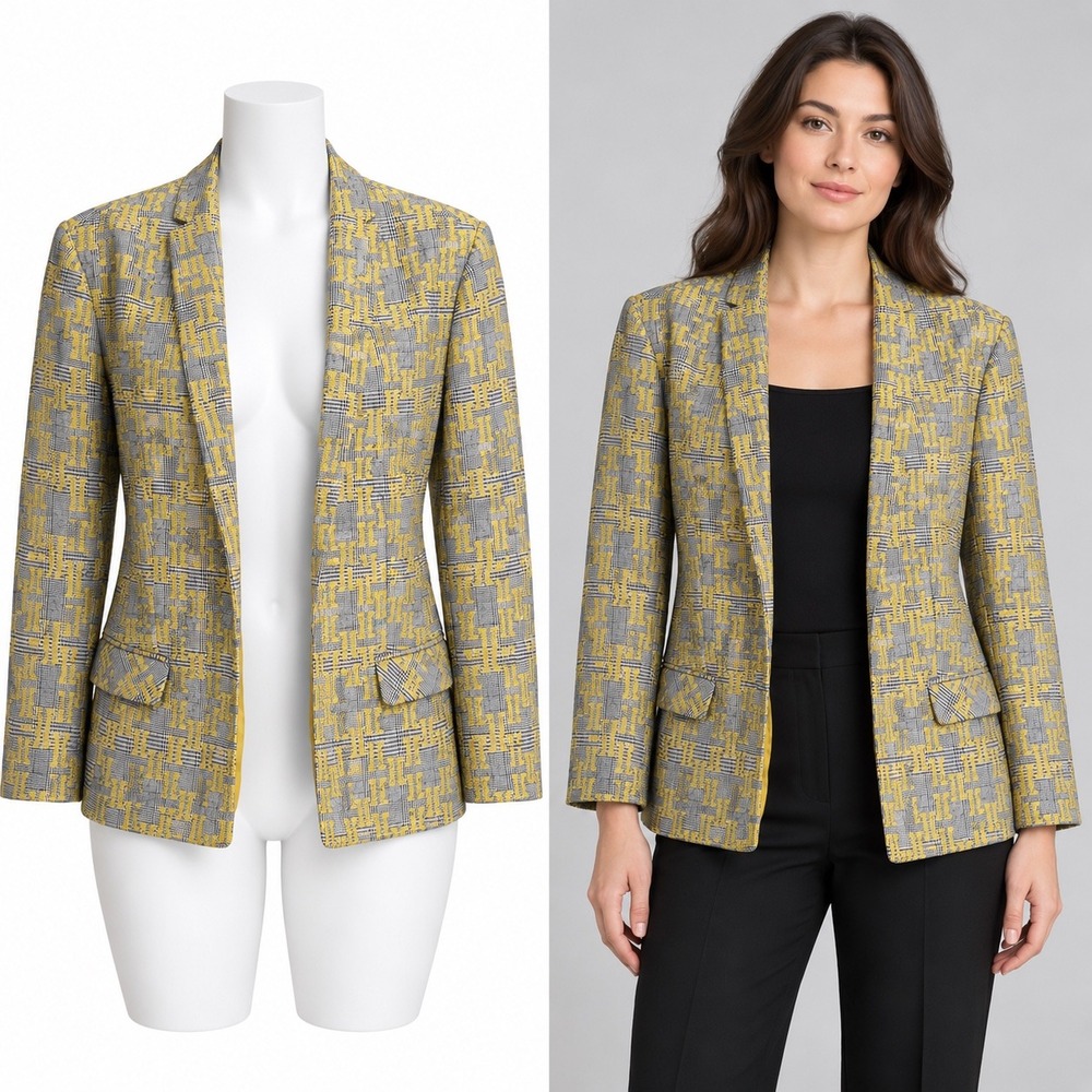 Kasper Blazer Women Size 12 Yellow Grey Plaid Geometric Open Front Pocket Jacket
